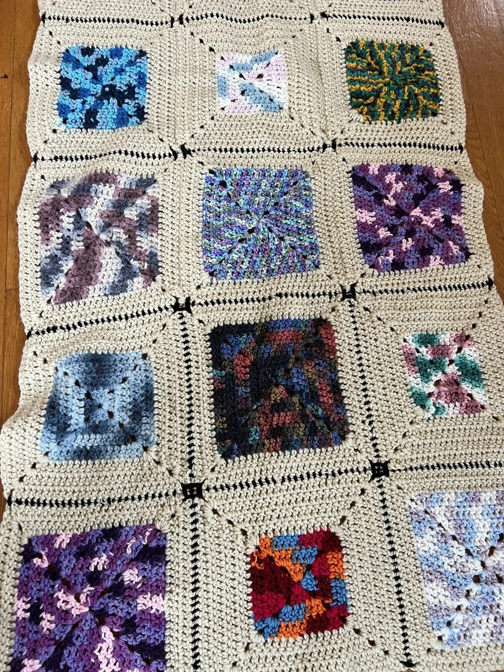 Handmade Crochet Granny Square Afghan Blanket Lap Throw Multicolor Beige Boho